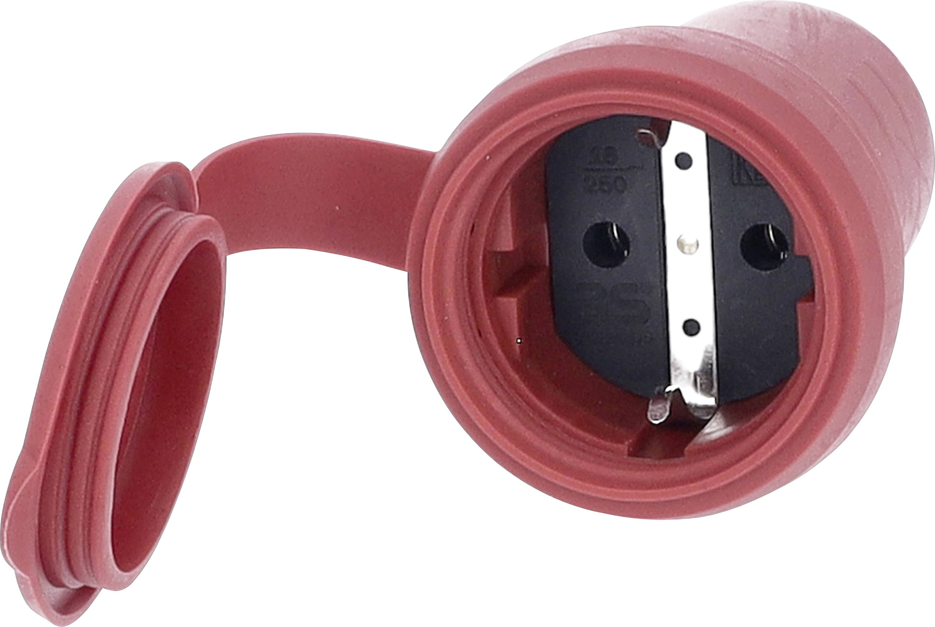 Prise électrique avec couvercle de protection rouge, adaptée aux applications industrielles, montrant la face arrière ouverte de la douille.