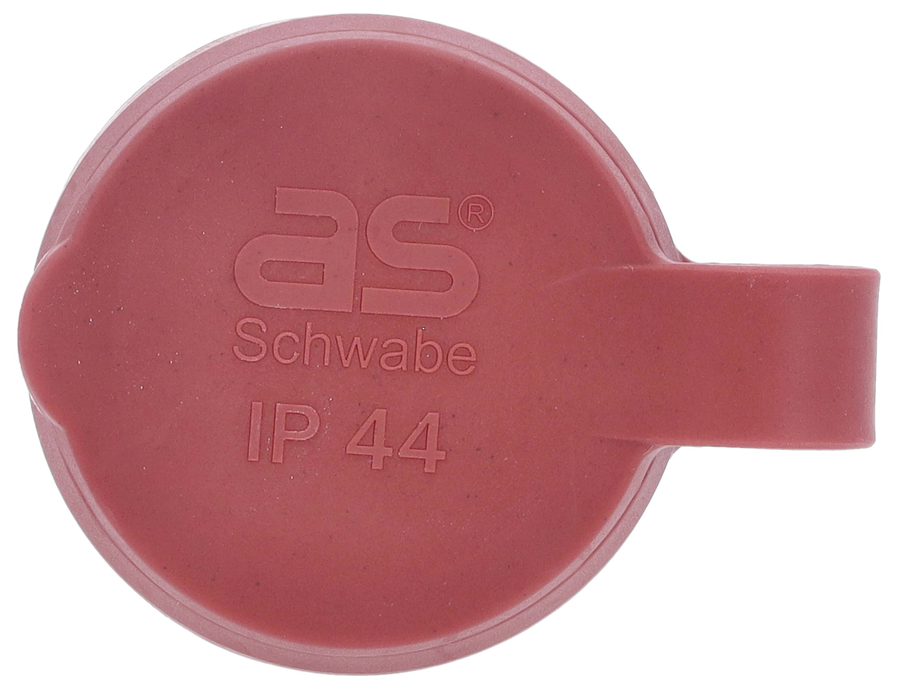 Verrou de prise rouge portant l'inscription « as Schwabe IP 44 », indiquant le type de protection contre la poussière et les éclaboussures.