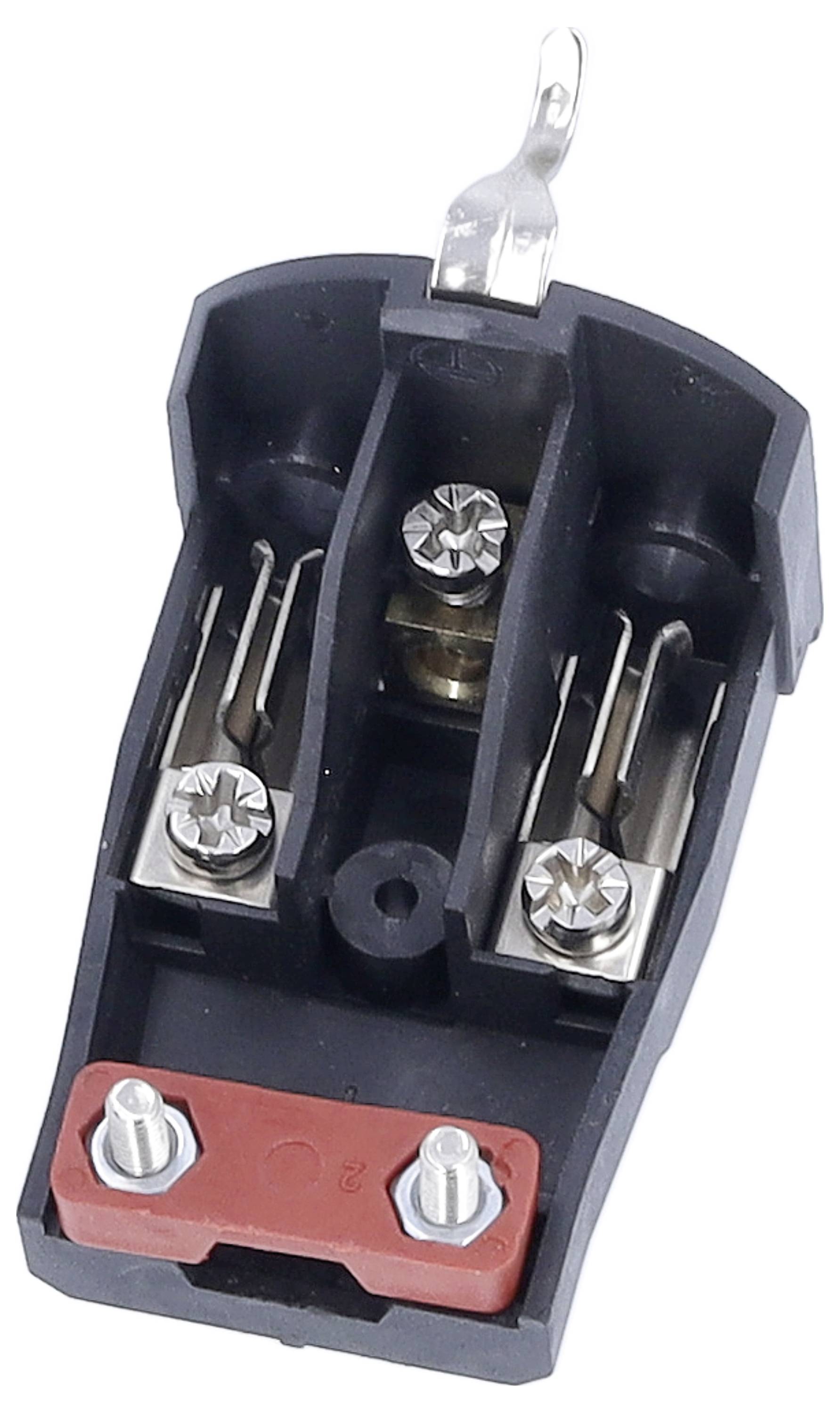 Un connecteur bipolaire ouvert avec des connexions à vis et une plaque de base rouge pour les câblages électroniques.