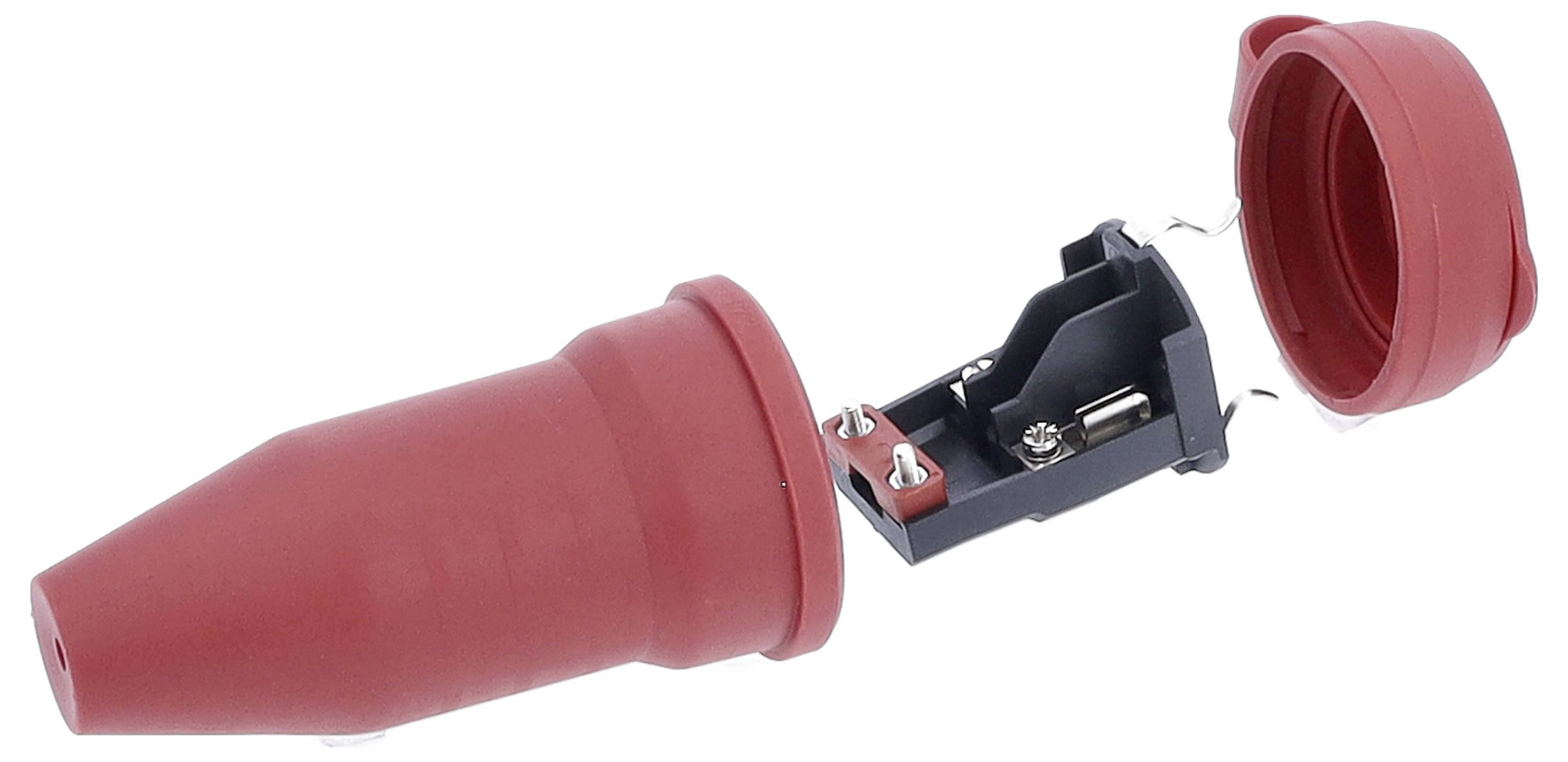 Fiche électrique rotative, bipolaire, avec couvercle amovible. Principalement utilisée pour des applications industrielles et des connexions électriques.