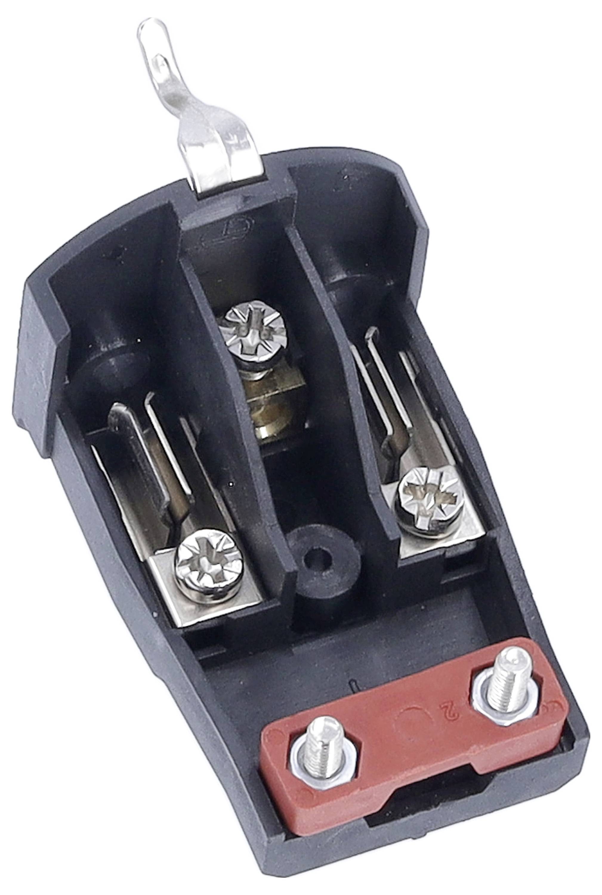 Un adaptateur de prise ouvert, noir, avec deux vis, des connexions métalliques et une base rouge avec deux connexions à vis.