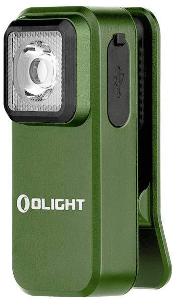 Petite lampe de poche verte avec clip et port de chargement USB, marquée du logo 'OLIGHT'. Idéale pour les déplacements ou les situations d'urgence.