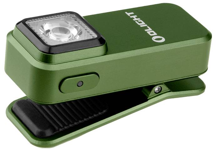 Lampe LED verte portable avec clip, adaptée pour être fixée sur différentes surfaces. Le nom de marque 'OLIGHT' est visible sur le dessus.