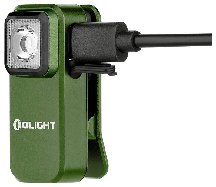 Lampe LED verte avec clip et câble de chargement USB de la marque Olight.