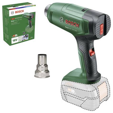 Un pistolet à air chaud Bosch EasyHeat 18V vert est représenté, doté d'une buse amovible, à côté de son emballage correspondant.
