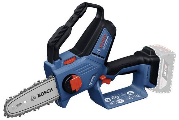 Scie à chaîne sans fil Bosch au design bleu et noir avec un interrupteur rouge et la silhouette d'une batterie. Développée pour une coupe sans fil.