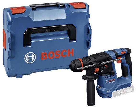 Perceuse Bosch bleue avec poignée noire et éléments orange, à côté d'un coffret à outils assorti portant le logo rouge Bosch.
