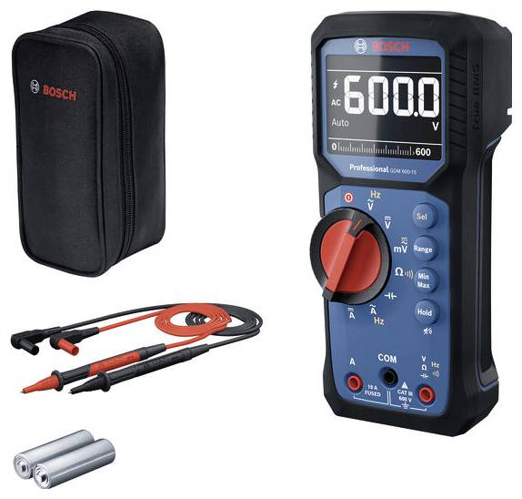 Un multimètre numérique avec accessoires et sacoche, batteries, cordons de mesure. L'écran affiche 'AC 600,0'.