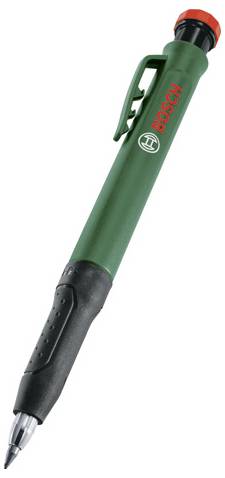 Stylo Bosch vert avec clip rouge et zone de préhension noire, marqué du logo Bosch.