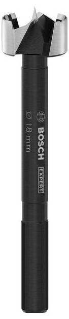 Mèche de Forstner de la marque Bosch, diamètre 18 mm, adaptée pour des perçages précis dans le bois, partie supérieure métallique noire, avec bordure argentée.