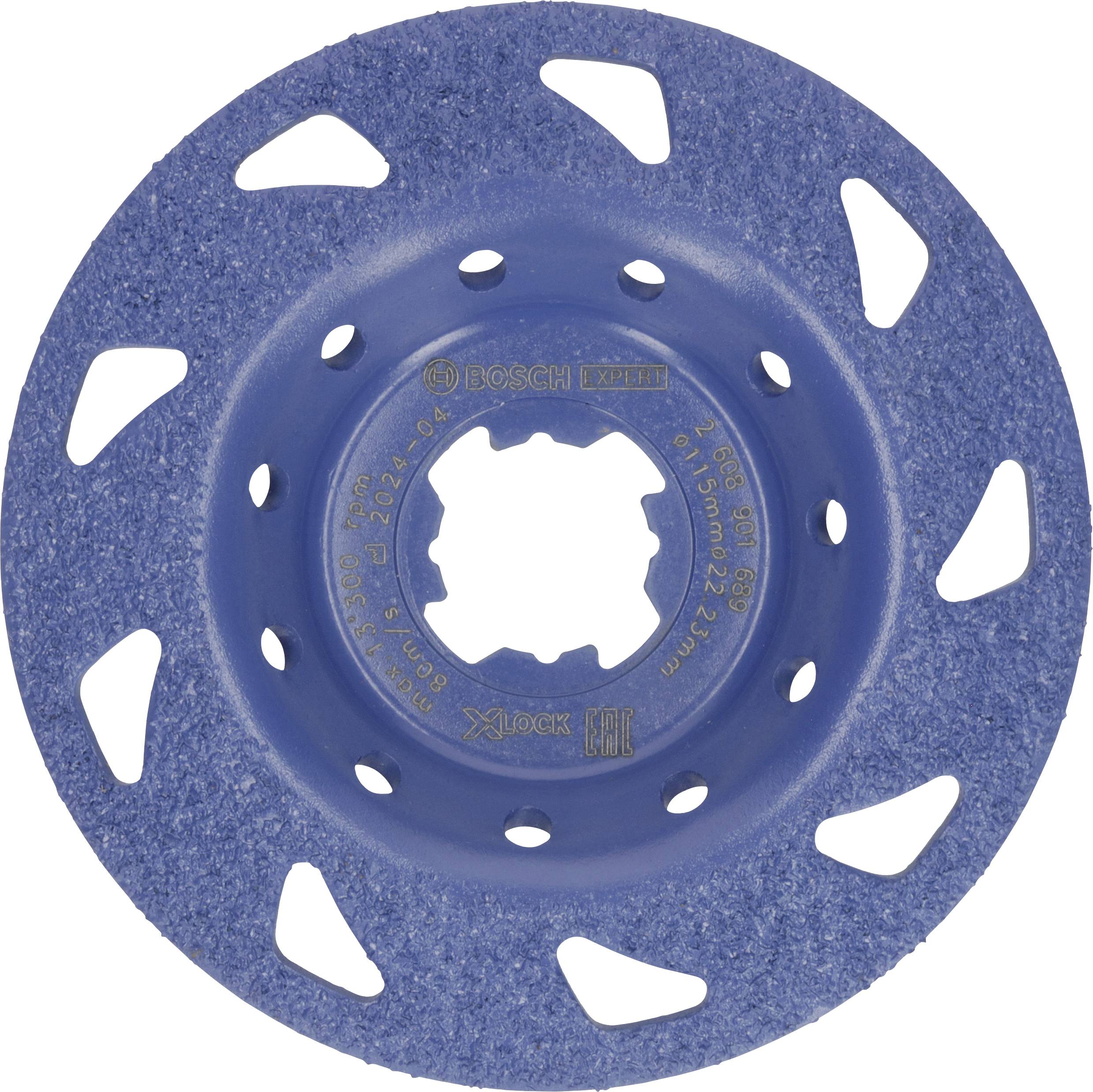 Plateau de ponçage bleu Bosch, système X-LOCK. Diamètre : 125 mm. Forme ronde avec plusieurs trous irréguliers.