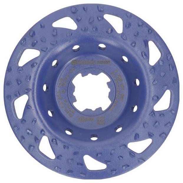 Un disque de ponçage bleu rond avec plusieurs motifs de trous et une structure de bord surélevée, marqué 'Bosch'.