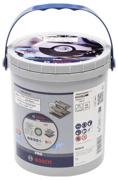 Un seau en plastique de Bosch avec des disques à poncer métalliques. L'autocollant indique les spécifications du produit et les instructions d'utilisation.