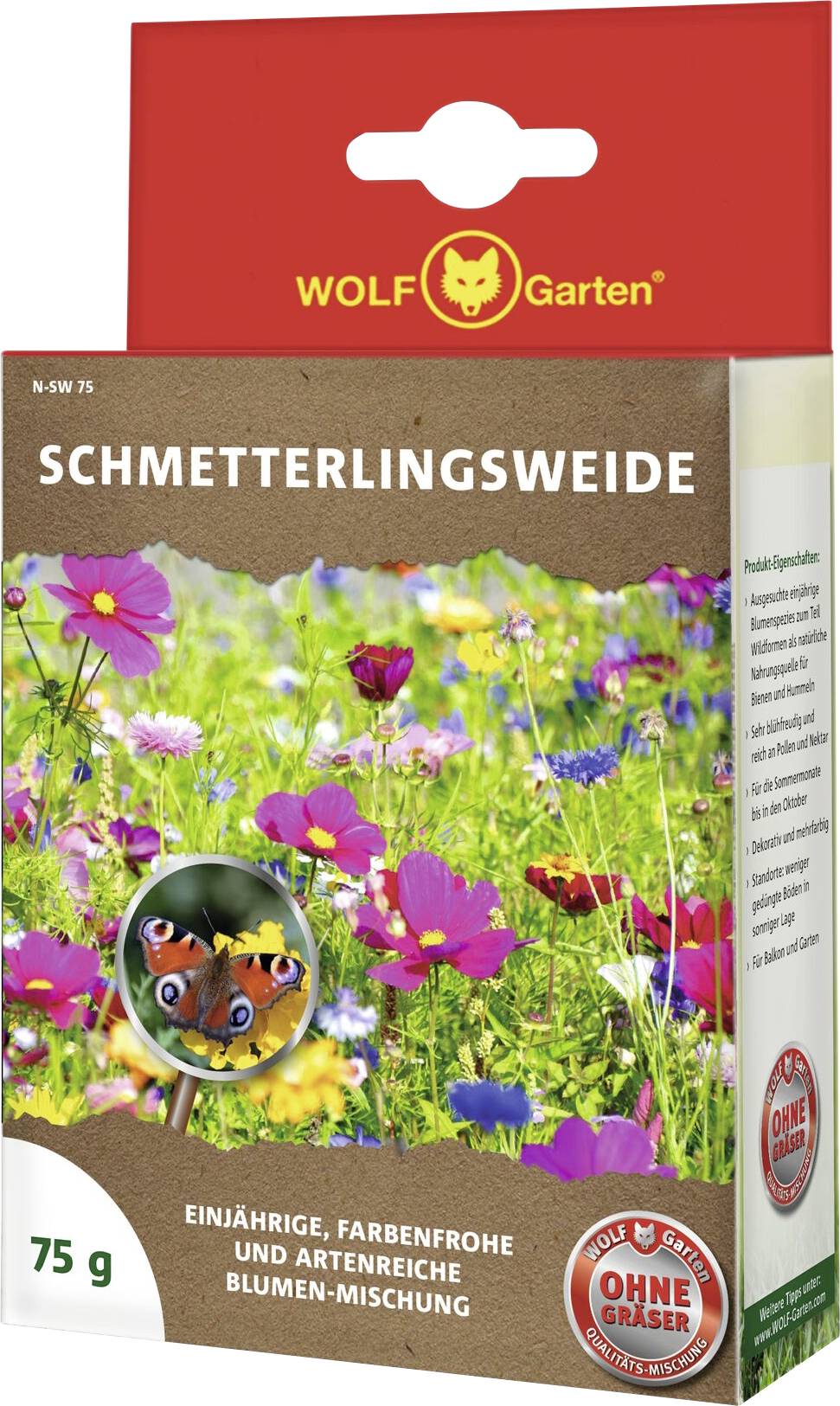 Boîte de graines de fleurs de la marque WOLF-Garten, 'Prairie aux Papillons', présentant des fleurs colorées et des papillons. Poids : 75 g.