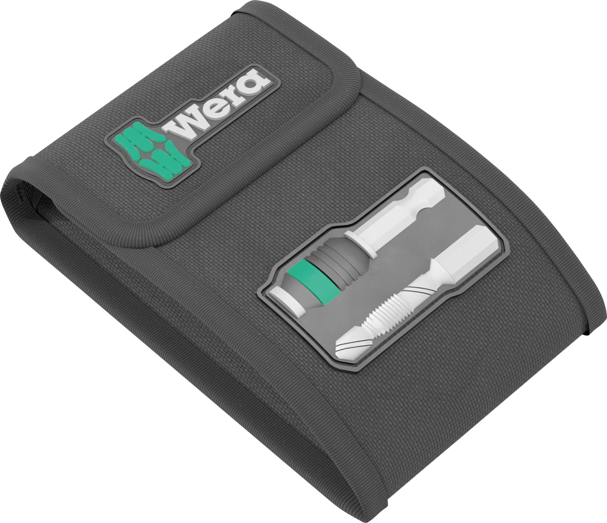Pochette à outils compacte Wera, noire, avec logo et illustration de embouts sur la face avant.