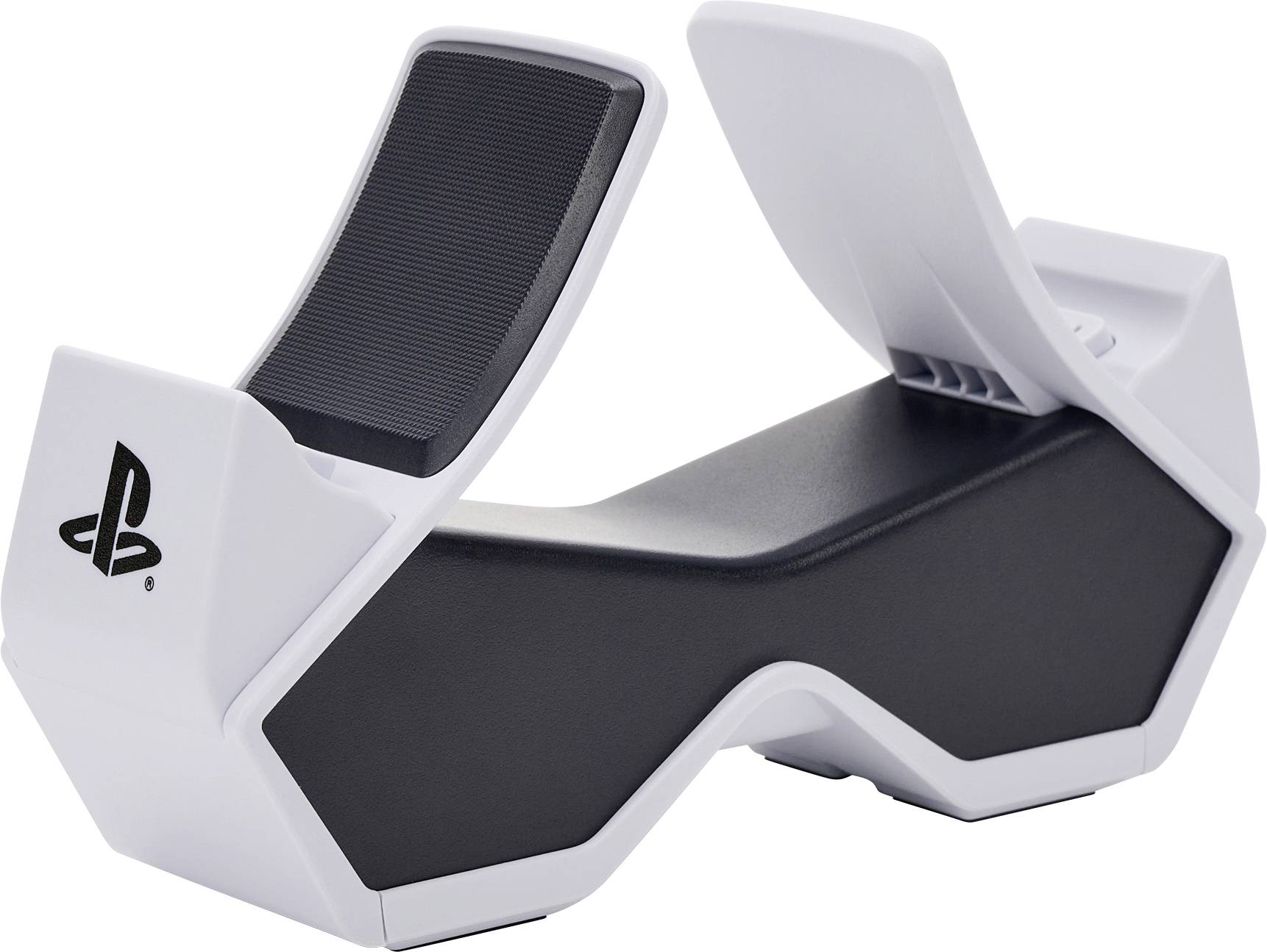 Station de charge pour manettes PlayStation, blanche et noire, adaptée pour charger simultanément deux manettes, avec logo PlayStation.