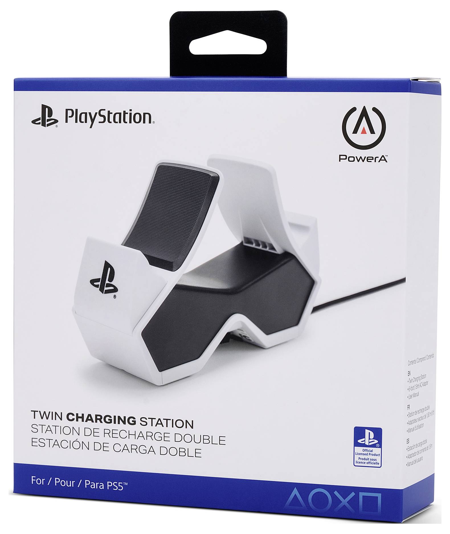 Station de chargement double pour PlayStation, illustrée sur l'emballage. Elle permet de charger simultanément deux manettes de PS5.