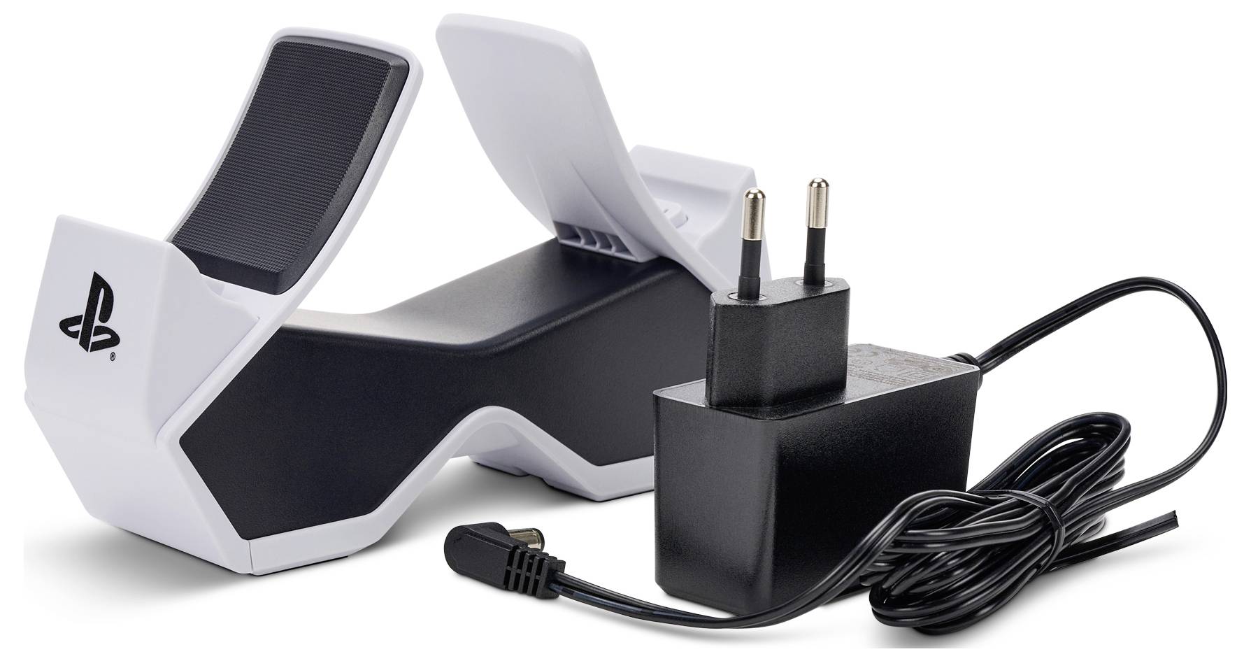 Station de charge PlayStation DualSense avec adaptateur secteur, offrant un espace pour charger deux manettes simultanément, design moderne en blanc et noir.