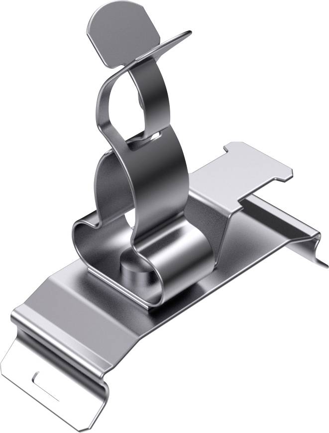 Support de pince métallique sur fond blanc, montrant des surfaces courbées et planes pour des applications de montage.