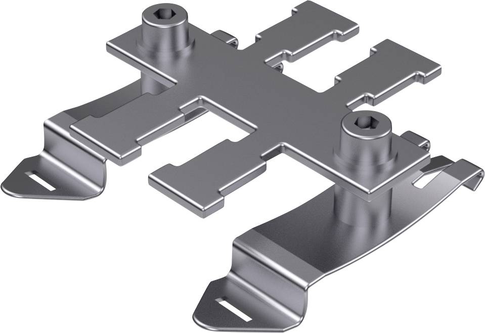 Composant métallique au design symétrique, avec deux vis de fixation et des extrémités courbées. Utilisation inconnue, probablement un dispositif de montage.