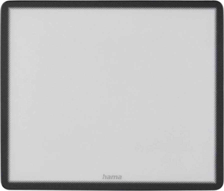 Une planche à découper rectangulaire, sans rebord, blanche avec un bord noir. Nom de marque 'Hama' au centre en bas.