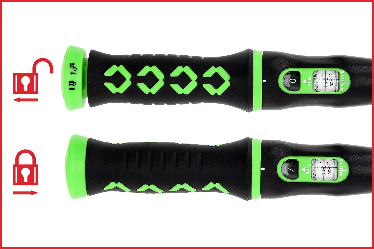 Deux poignées noires avec des détails verts et un indicateur d'échelle. À gauche, l'échelle est sur zéro, à droite elle indique un nombre plus élevé.