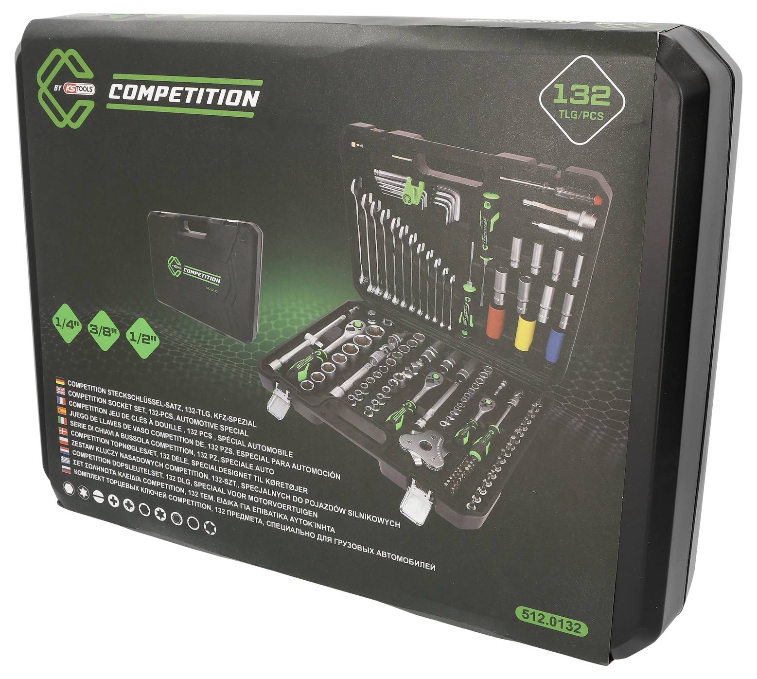 Un ensemble de mallette à outils comprenant différentes clés à molette, douilles et accessoires, soit un total de 132 pièces. L'emballage présente visuellement l'assortiment.