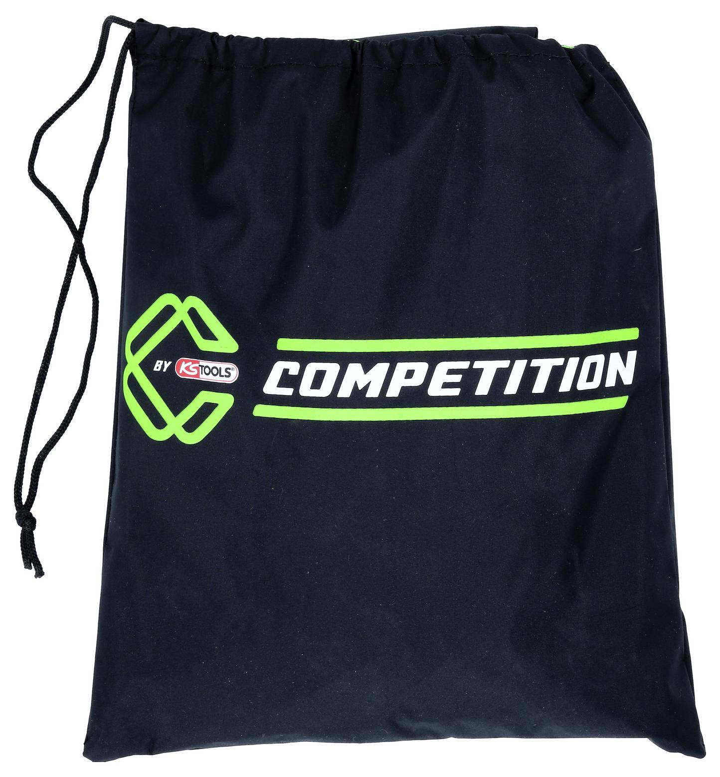 Sac noir avec texte vert 'COMPETITION' et logo de KS Tools. Le sac est muni d'un cordon de serrage.