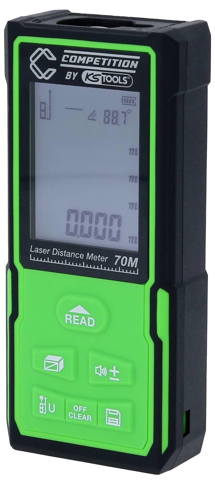 Télémètre laser avec boîtier vert, affichage des valeurs de mesure. Boutons pour mesurer et enregistrer. Marque 'Competition by KS Tools'.