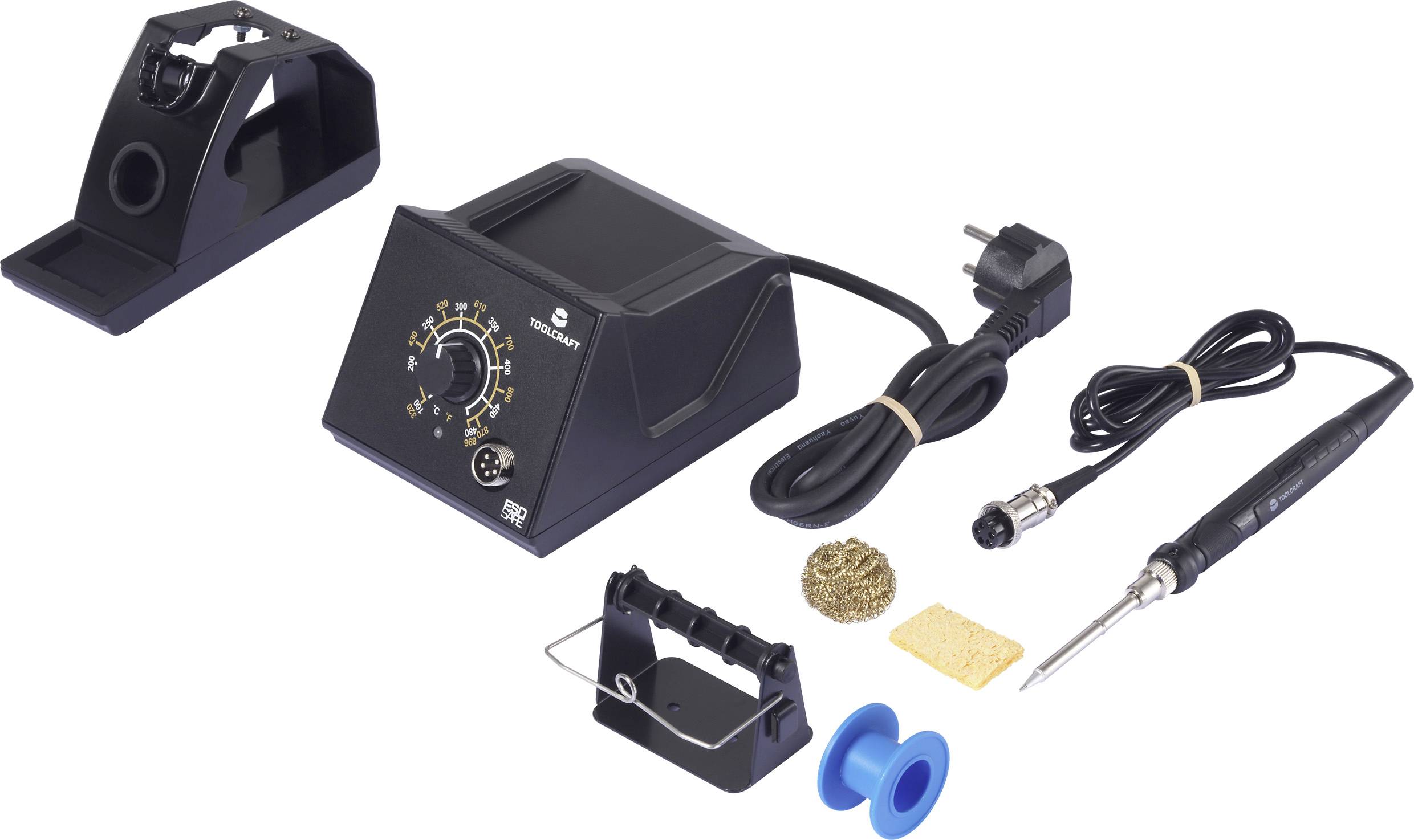 Kit de station de soudage avec unité de contrôle de température réglable, support de fer à souder, fer à souder, éponge de nettoyage, nettoyant pour pointe de fer, et cordon d'alimentation.