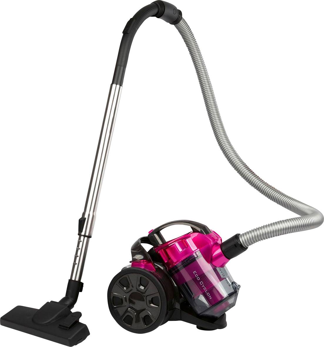 Un aspirateur rose avec un tuyau flexible et un tube métallique, adapté pour le nettoyage des tapis et des sols durs.