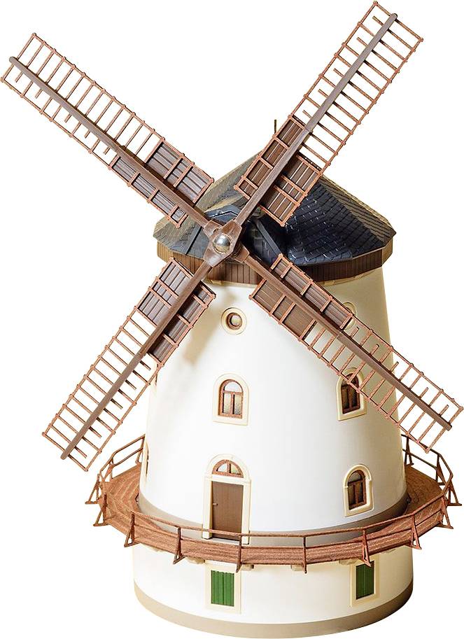 Un moulin à vent blanc avec des ailes brunes et un balcon, sans environnement visible.
