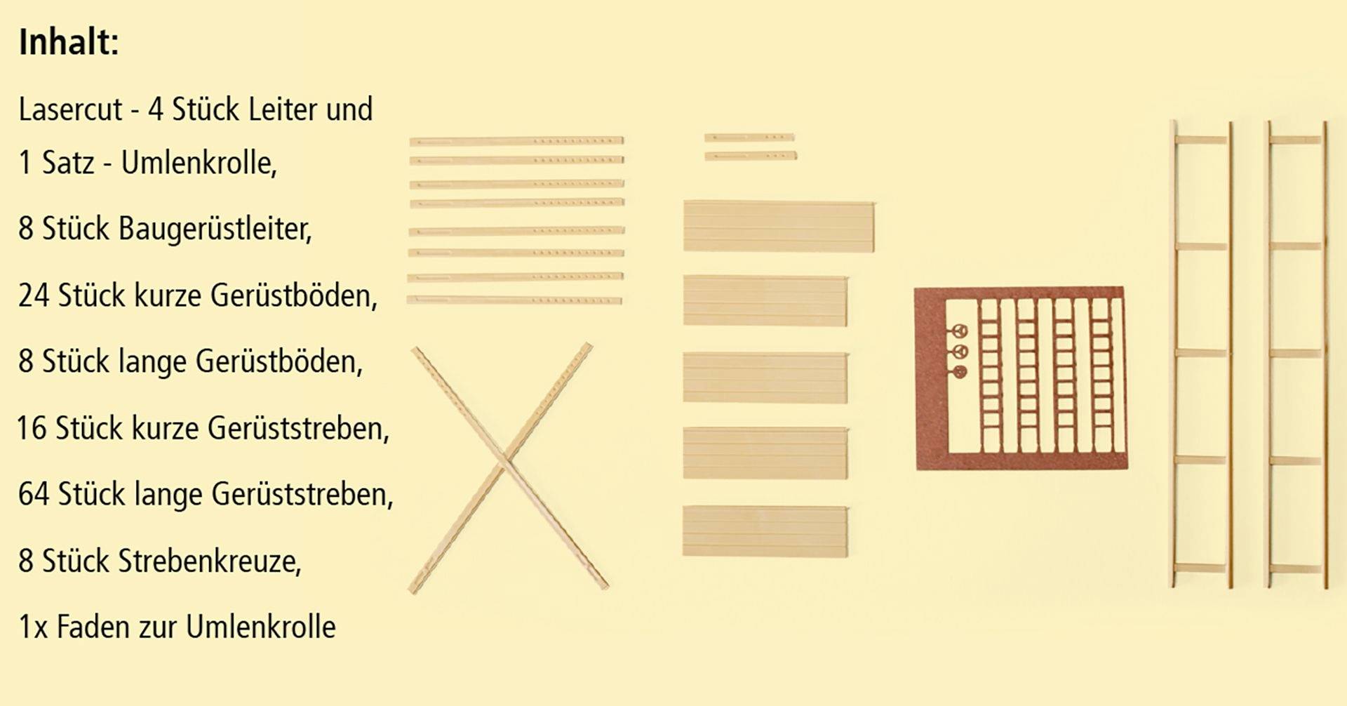 L'illustration montre le contenu d'un kit comprenant des éléments découpés au laser, des pièces de structure, des entretoises, des plaques de base et une poulie de renvoi.