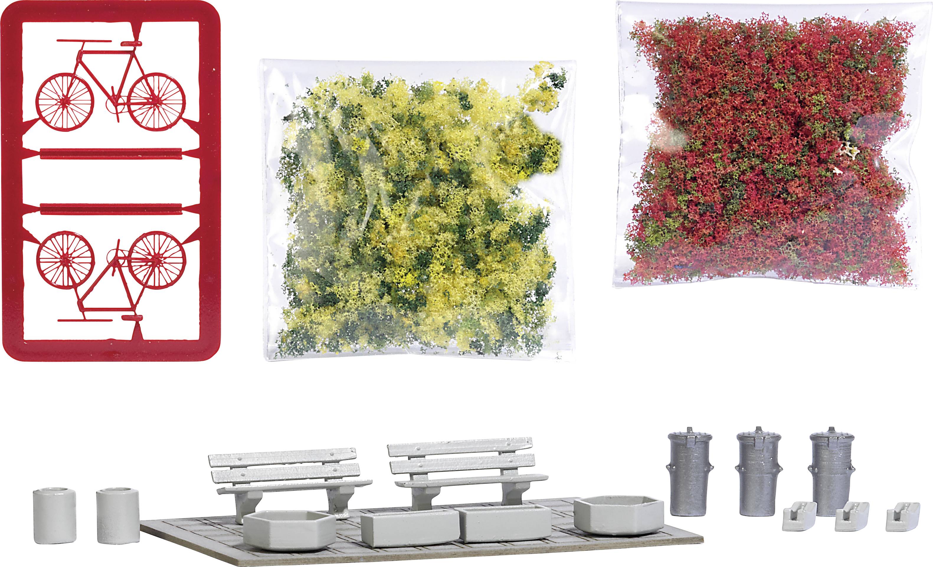 Kit de construction de modèles réduits : cadre de vélo, buissons jaunes et rouges, bancs de parc et poubelles, pour la création de paysages miniatures.
