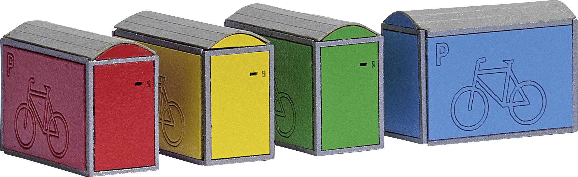 Quatre boîtes à vélos colorées : rouge, jaune, verte et bleue, avec des pictogrammes de vélos et la lettre 'P' sur les portes.