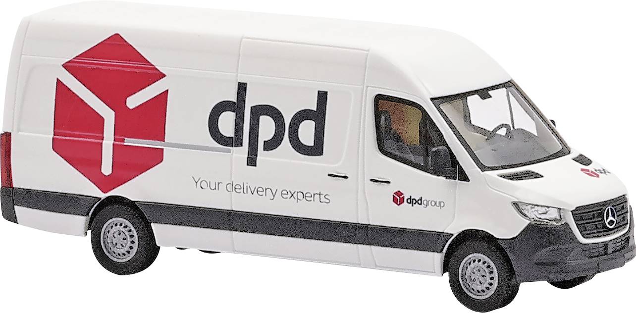 Un fourgon de livraison avec le logo 'dpd' et le slogan 'Your delivery experts' sur le côté, représenté en mouvement vers l'avant.