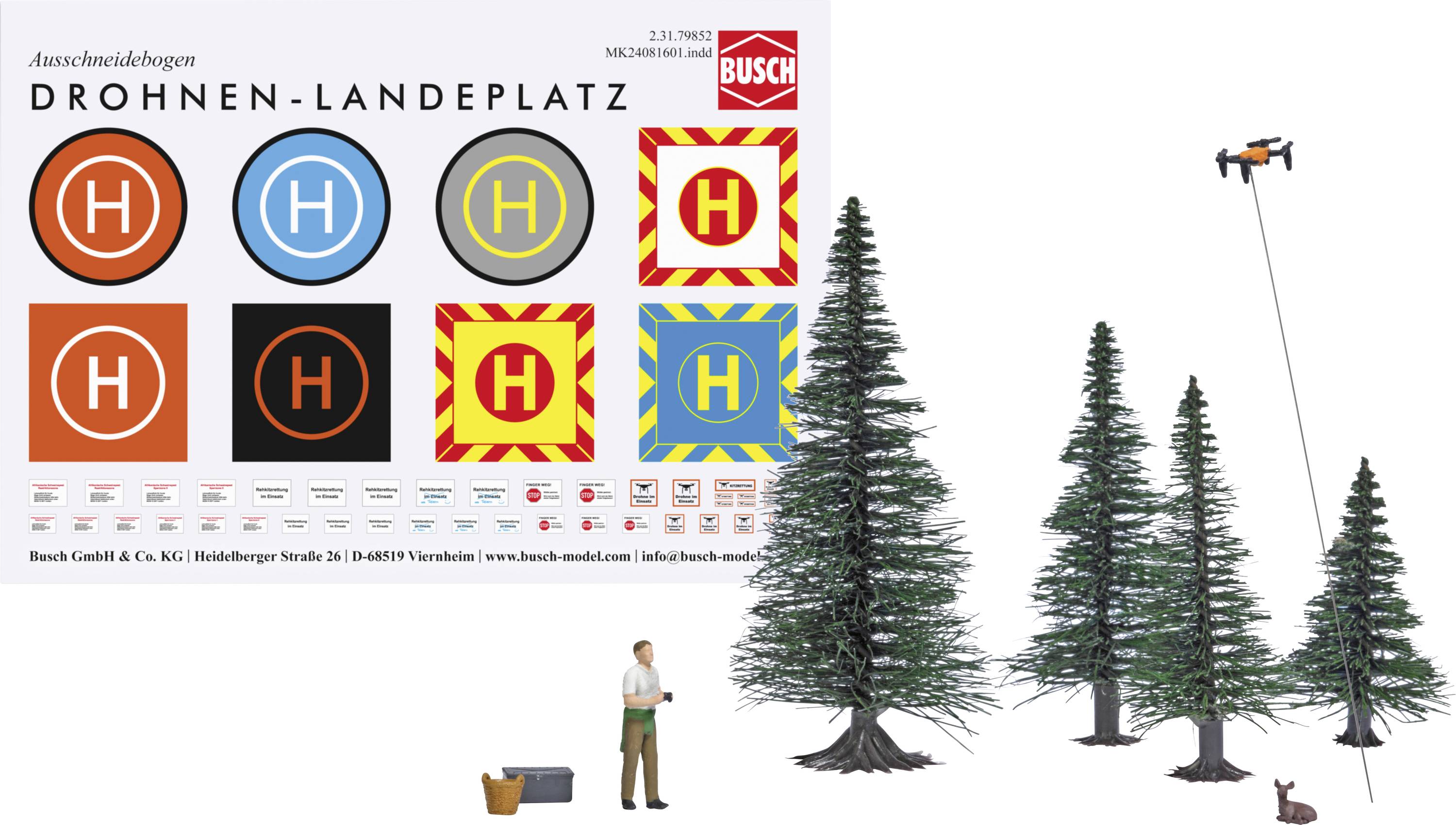 « Modèle pour aire d'atterrissage de drones » présente des variantes de couleurs de symboles d'aire d'atterrissage. À droite, on peut voir des arbres et un drone en vol.