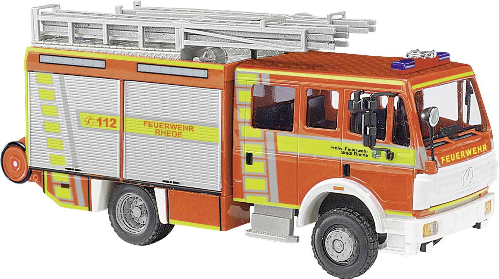 Camion de pompiers jouet en rouge et jaune avec une échelle argentée sur le toit. Inscription 'Pompiers de Rheda' et '112'.