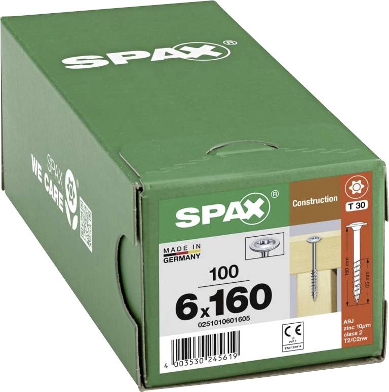 Vis SPAX en boîte verte, taille 6x160, avec illustration de la vis et son application en construction bois. Fabriqué en Allemagne.