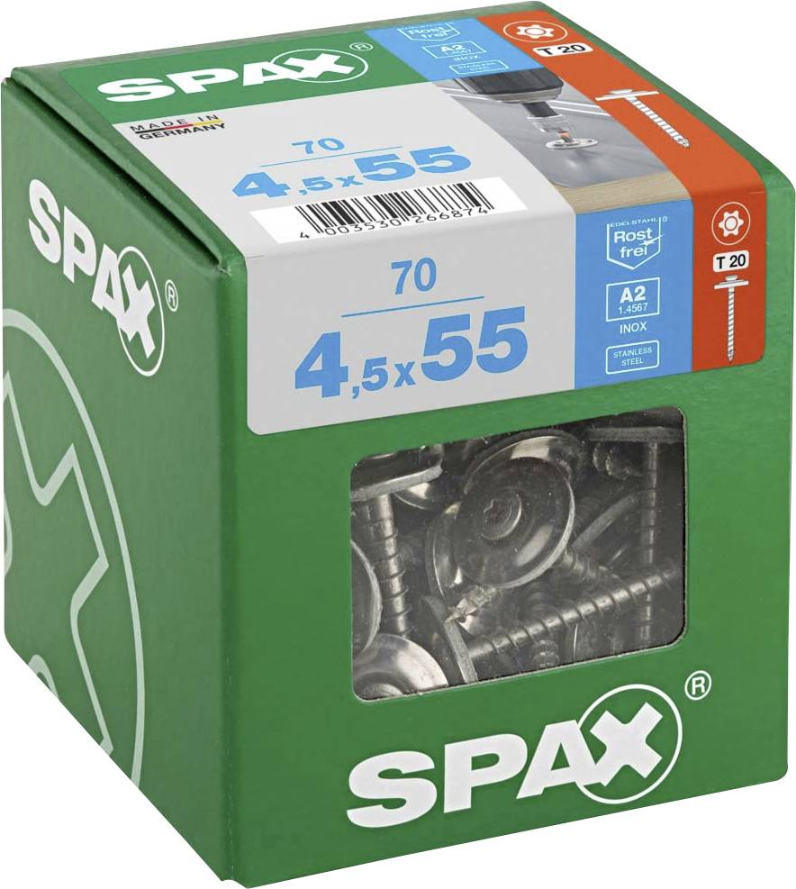 Emballage verte contenant des vis SPAX. Texte sur l'emballage : '70, 4,5 x 55'. Vis visibles à travers une fenêtre en plastique.