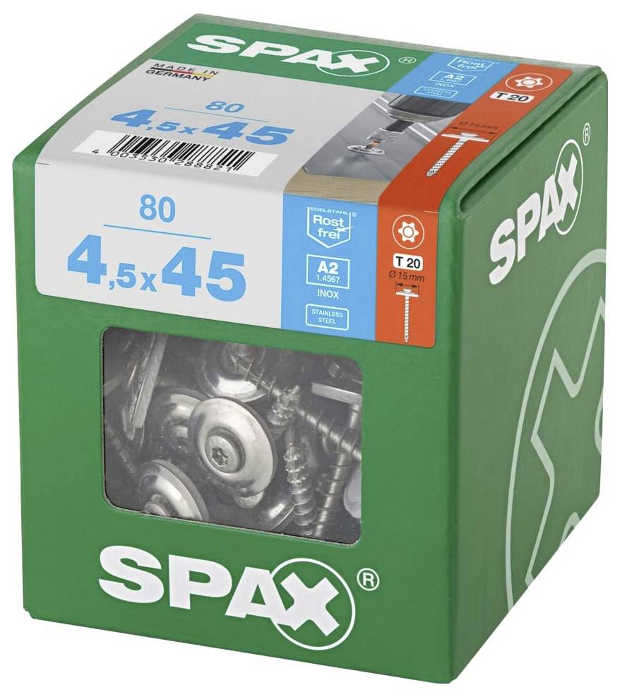 Une boîte de vis Spax, taille 4,5 x 45, 80 pièces. Emballage vert avec fenêtre transparente permettant de voir les vis.