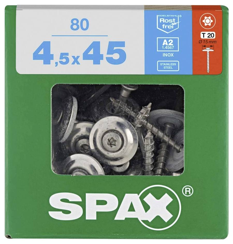 Une boîte verte de vis Spax, taille 4,5x45 mm, 80 pièces, en acier inoxydable. Contient des vis Torx avec rondelles.