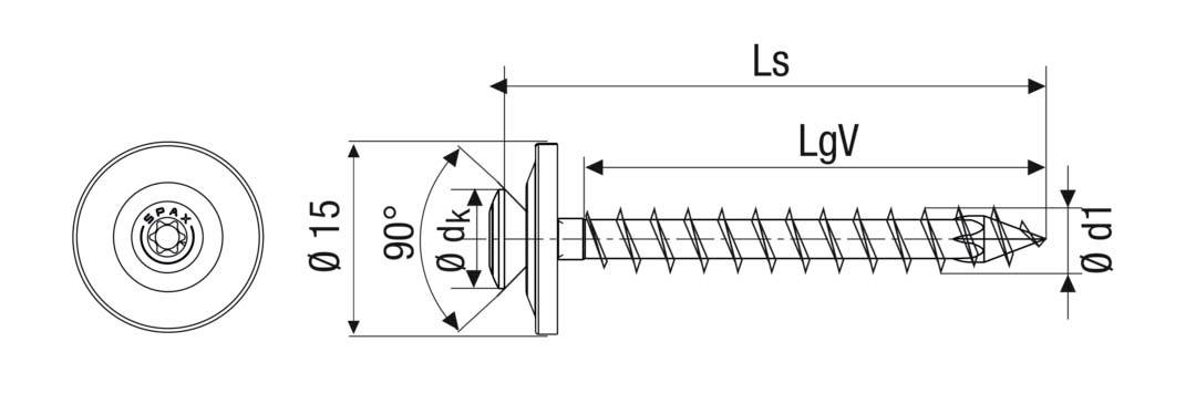 Dessin technique d'une vis à tête fraisée avec dimensions : Diamètre 15 mm, angle de tête de 90°, indication de LgV, Ls, dk et Ø.