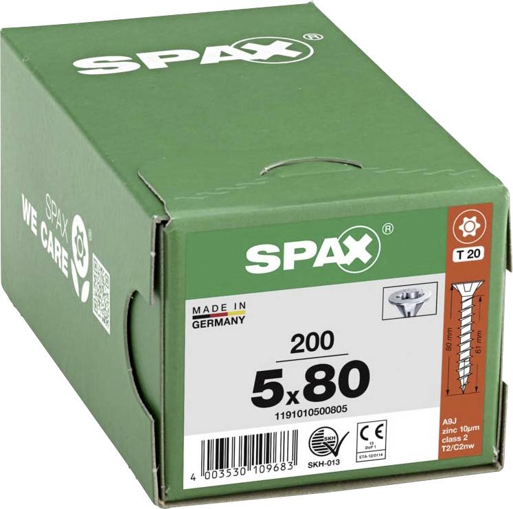 Une boîte verte portant l'inscription 'SPAX' contient 200 vis, taille 5.80, fabriquées en Allemagne.