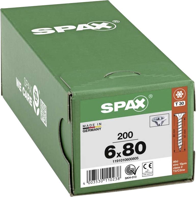 Emballage vert pour une vis de marque 'SPAX' de taille 6x80 mm, lot de 200 pièces, fabriquées en Allemagne.