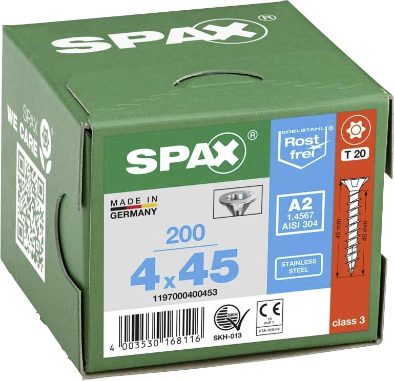 Boîte en carton portant l'inscription 'SPAX', contenant 200 vis en acier inoxydable, taille 4x45 mm, fabriquées en Allemagne, inoxydables.