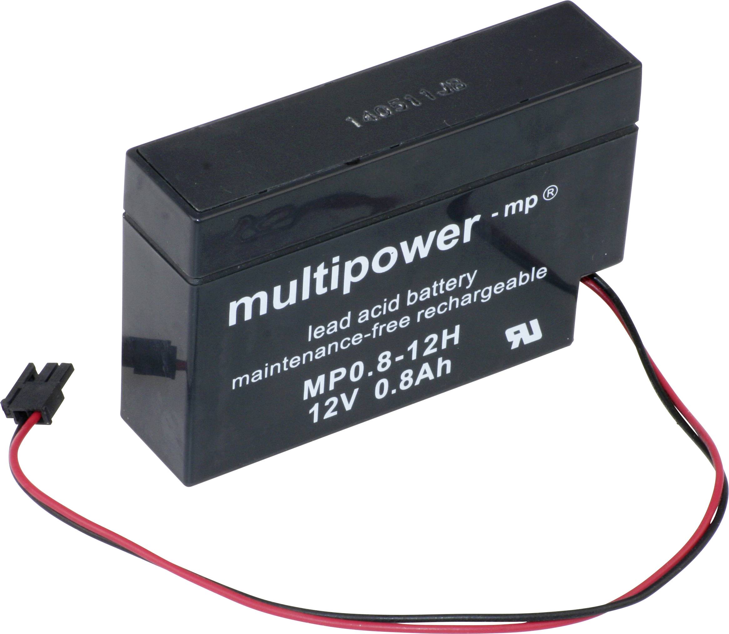 Une batterie rectangulaire noire au plomb-acide portant l'inscription 'multipower - mp', 12V, 0,8Ah, est posée sur une surface blanche.