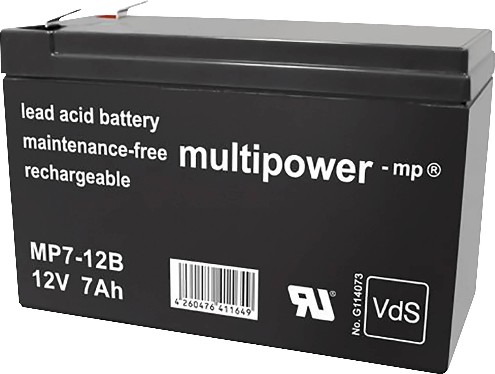 Batterie au plomb noir sans entretien avec l'inscription 'lead acid battery', 'multipower', 12V, 7Ah. Code-barres et certifications visibles.