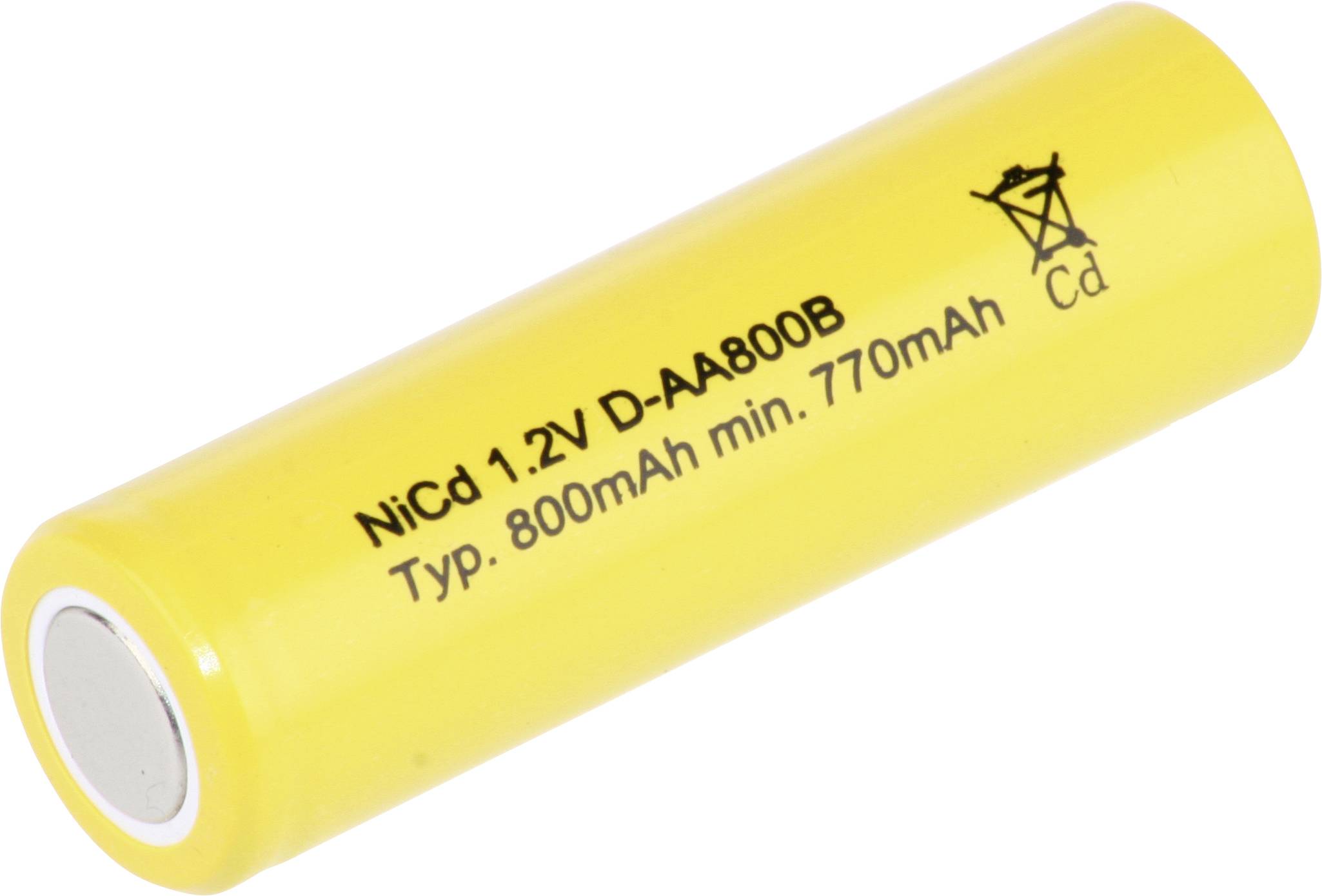 Une batterie cylindrique jaune étiquetée « NiCd 1,2V D-AA800B, Typ. 800 mAh min. 770 mAh », indiquant son type et sa capacité.
