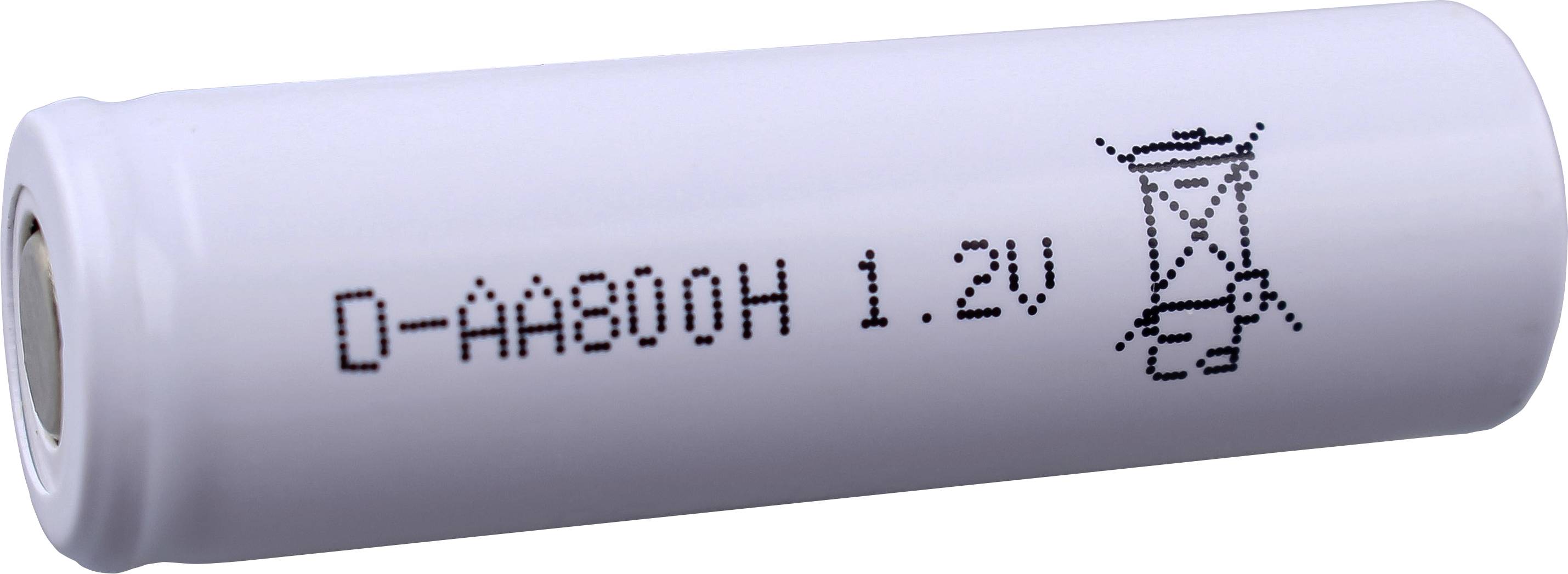 Une pile rechargeable blanche cylindrique étiquetée 'D-AA800H 1,2V' avec un symbole indiquant les directives d'élimination.